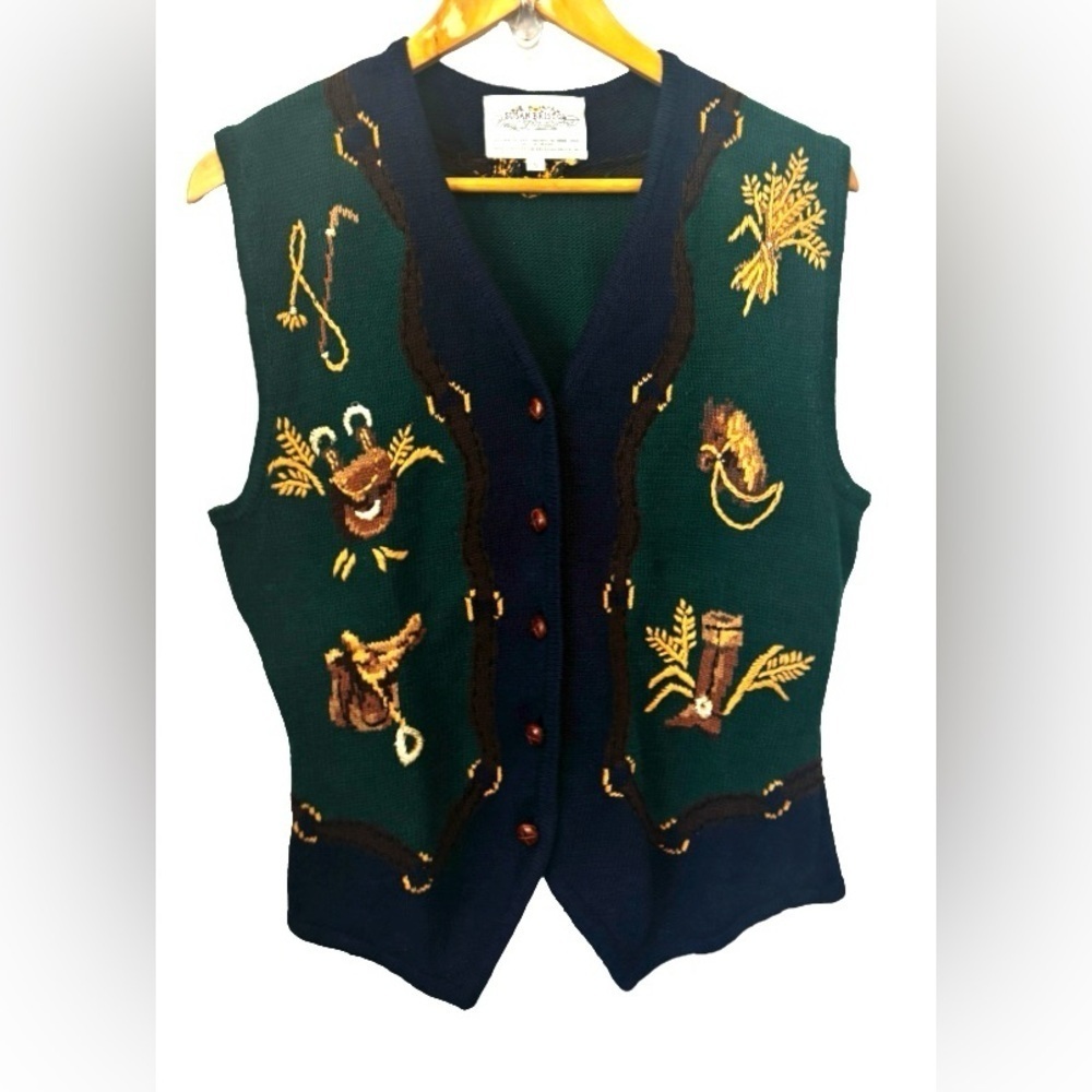 VINTAGE Y2K 
Susan Bristol equestrian cottn blnd buttn up swtr vst SZ S horses